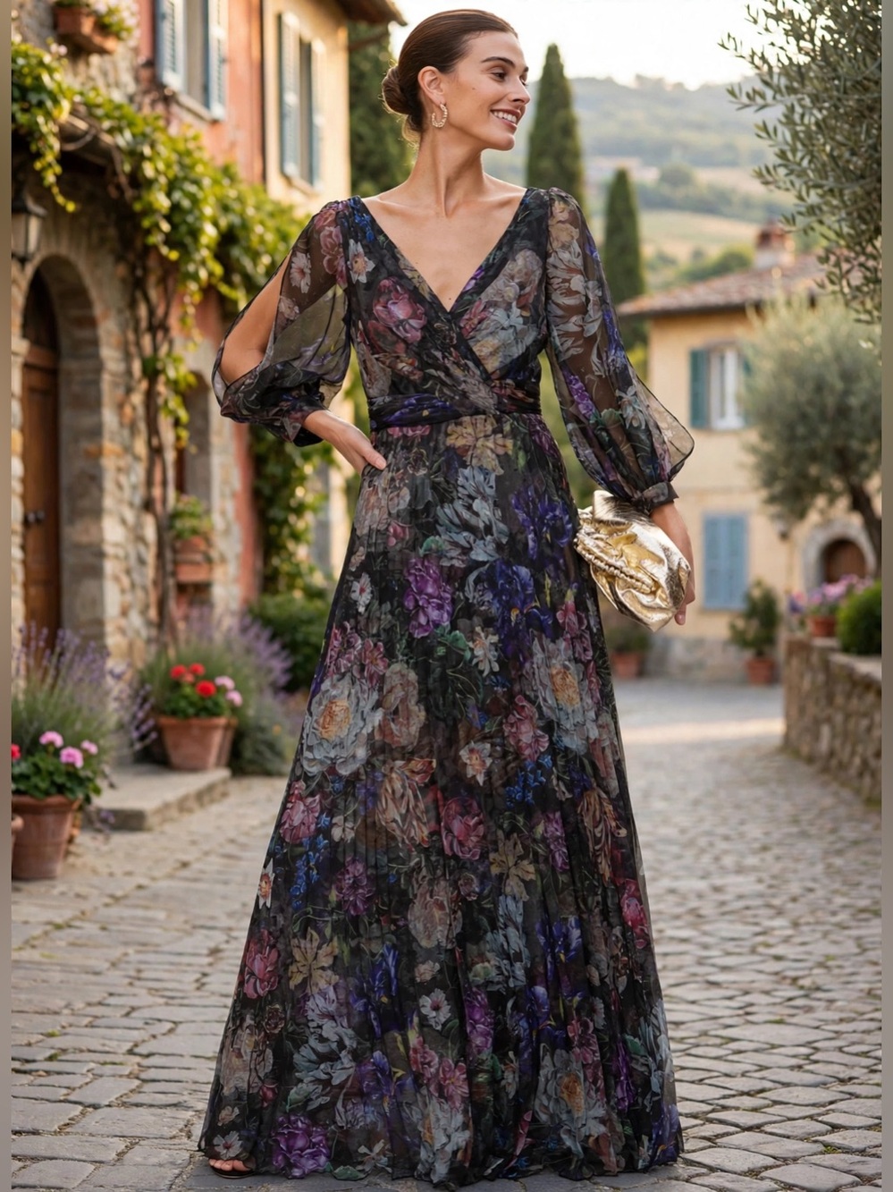 Marchesa Notte Metallic Floral Pleated Gown v neck size 12.